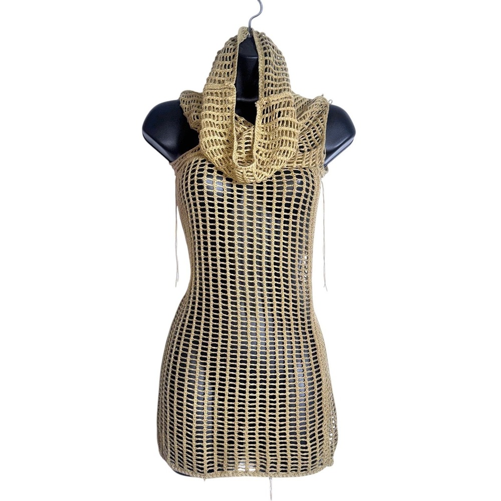 New Medium Tan Open Knit Hooded Crochet Blouse Top Mesh Beach Rave Festival